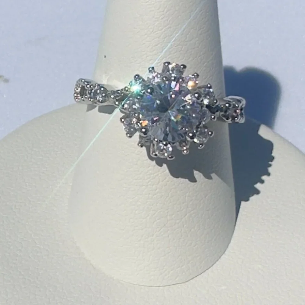 Adjustable Silver Ring W/ 2.0 Ct Diamond Simulate & Moissanite Elegant